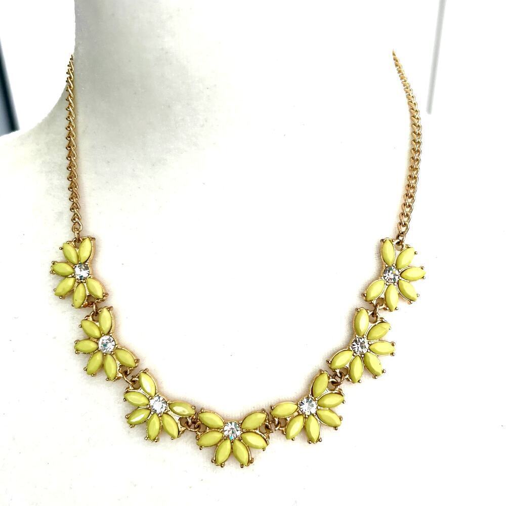 Yellow Floral Rhinestone Studded Bib Statement Preppy Necklace w Gold Tone Chain